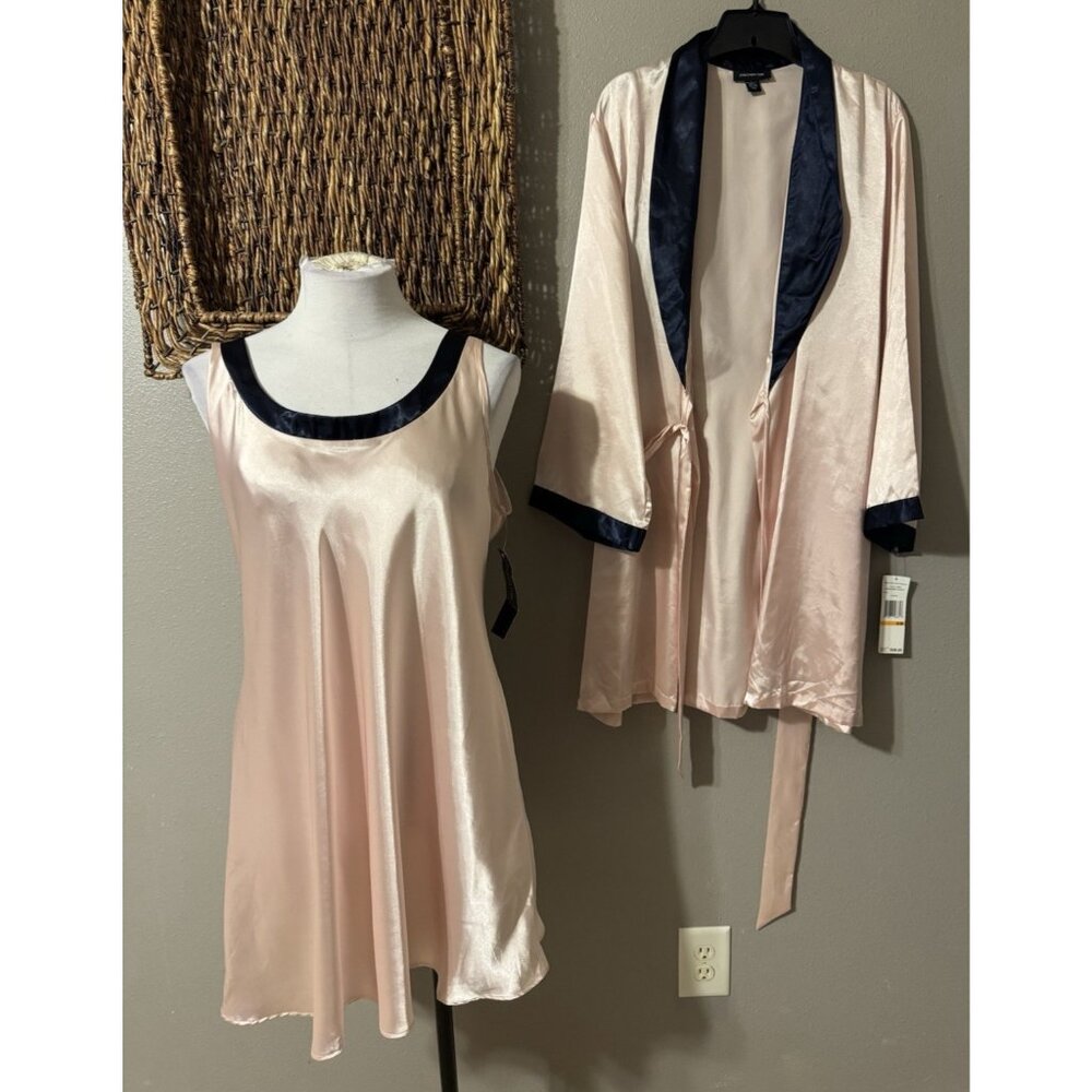 Jones NY Pajama Gown & Robe Set Pink Navy Blue Satin Small Medium Large NEW